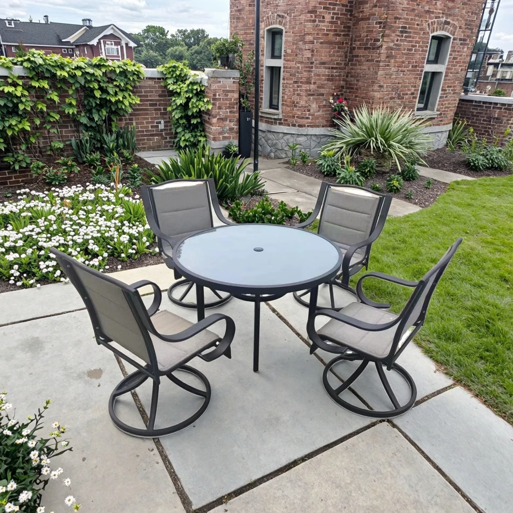 

Modern 5-Piece Outdoor Garden Patio Dining Set Ready Ship Steel Table 4 Swivel Chairs Aluminum Frame Metal Iron Courtyard