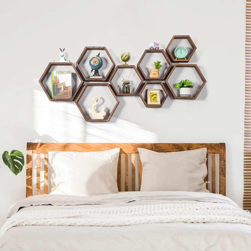 مجموعة من 8 أرفف عائمة سداسية، ديكور حائط خشبي لتخزين غرفة المعيشة وغرفة النوم #2