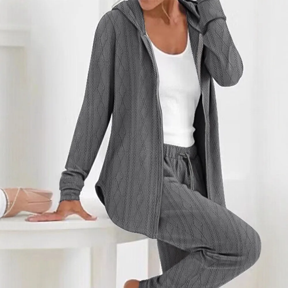 

Женский модный новый однотонный повседневный текстурированный свободный кардиган с капюшоном на молнии и широкие брюки, комплект из двух предметов