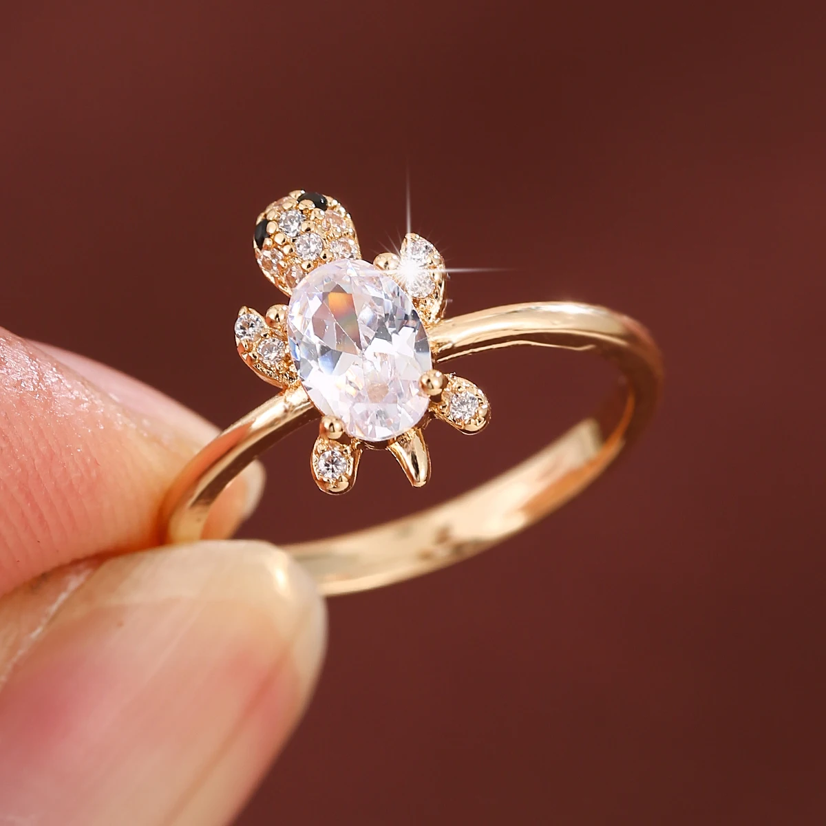 خاتم نسائي من الزركونيا الاصطناعية بتصميم سلحفاة على شكل حيوان لطيف لإكسسوارات مجوهرات الحفلات اليومية