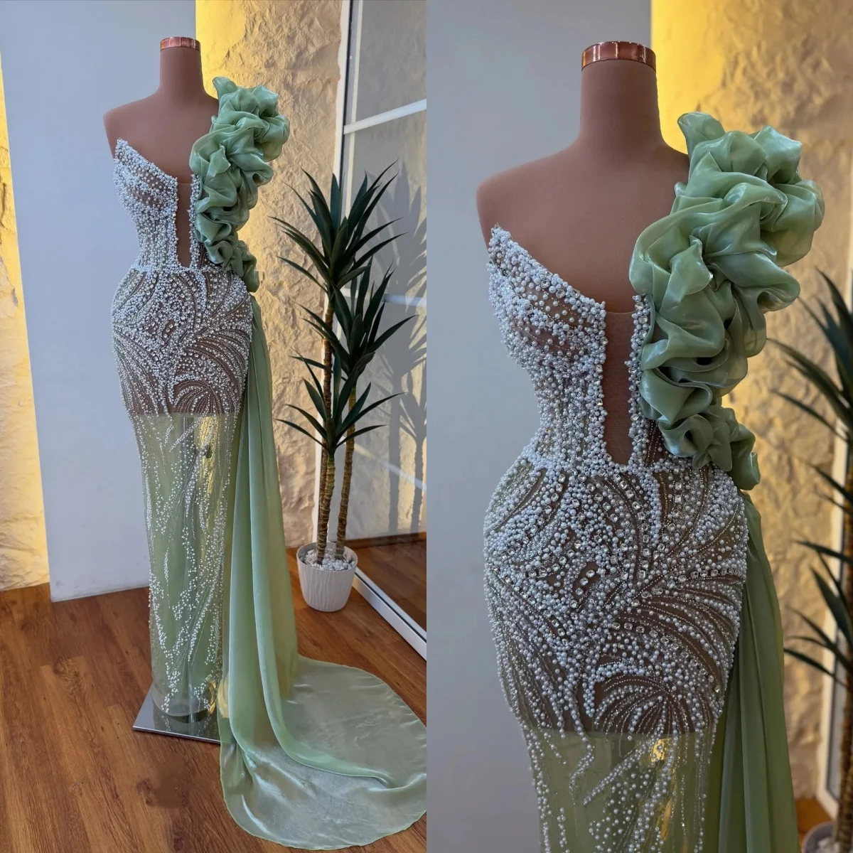 

Exquisite Evening Dresses Pearls Rhinestone Prom Dress Beading Ruffle Train Illusion Mermaid Party Gowns Vestidos De Noche