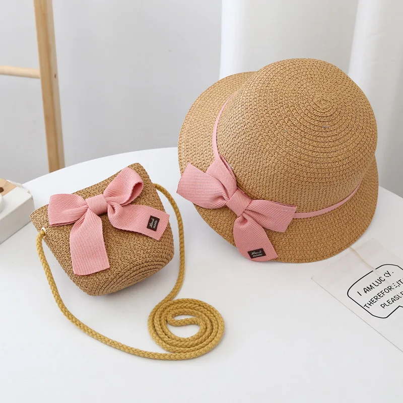 2-8 Years Kids Sun Hat Girls Summer New Straw Bag Cap Set Baby Travel Sun Protection Beach Hats Sun Fisherman Hat for Child