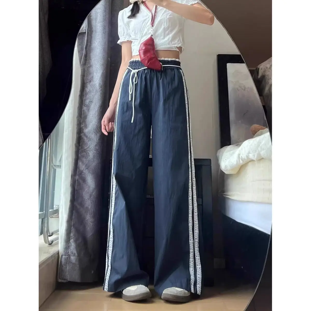 Navy Blue Wide Leg Pants Women Lace Trim Drawstring Waist Casual Trousers With White Side Stripes Loose Comfortable Streetwear