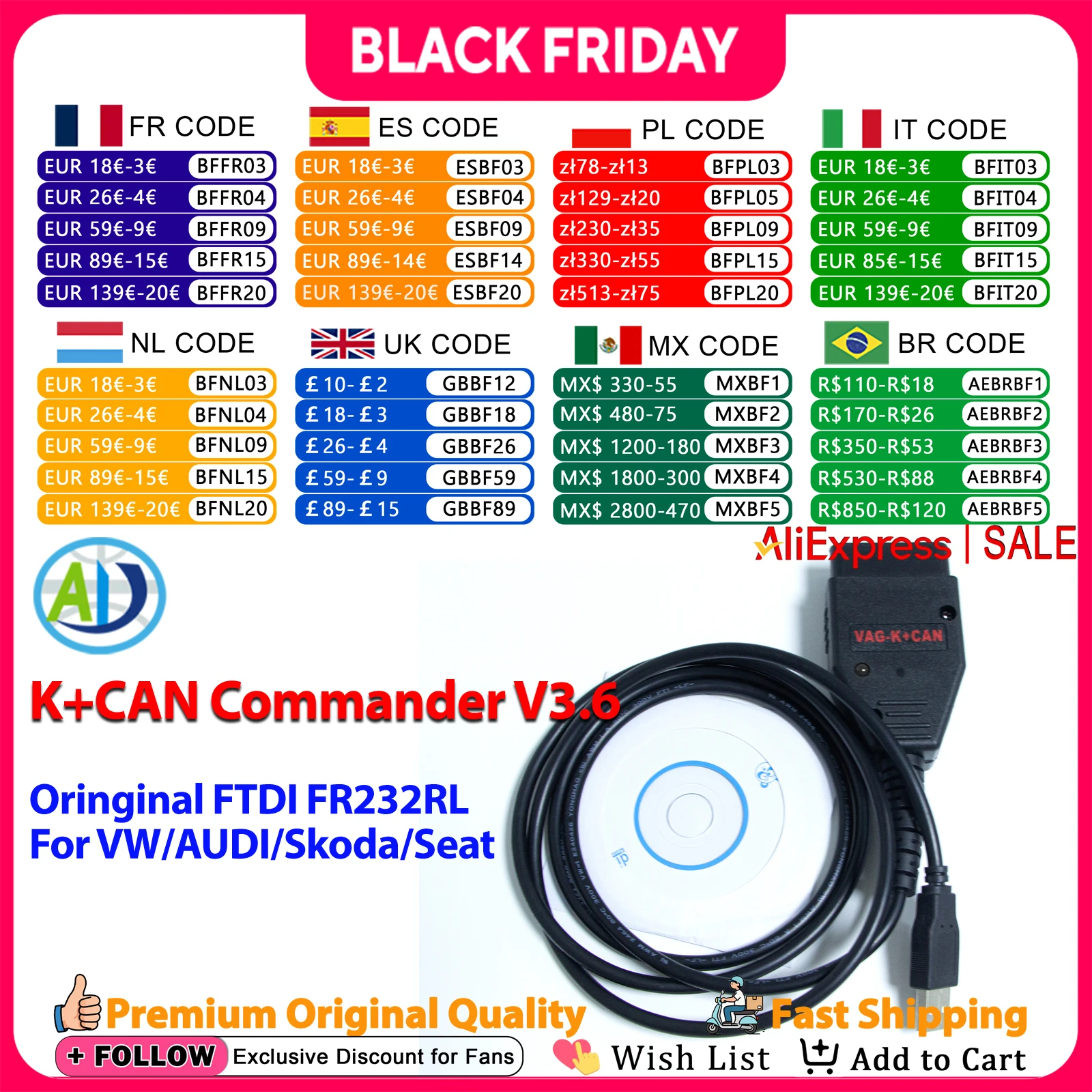 VAG K CAN Commander V3.6 코드 읽기/쓰기 EEPROM 메모리 (폭스바겐/아우디/스코다/세아트 자동차 OBDII 코드 리더 진단 도구)