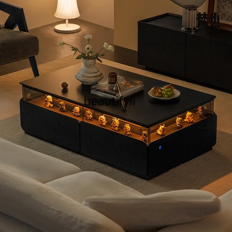 

Black rock slab coffee table living room household Italian minimalist solid wood tea table with lamp light luxury