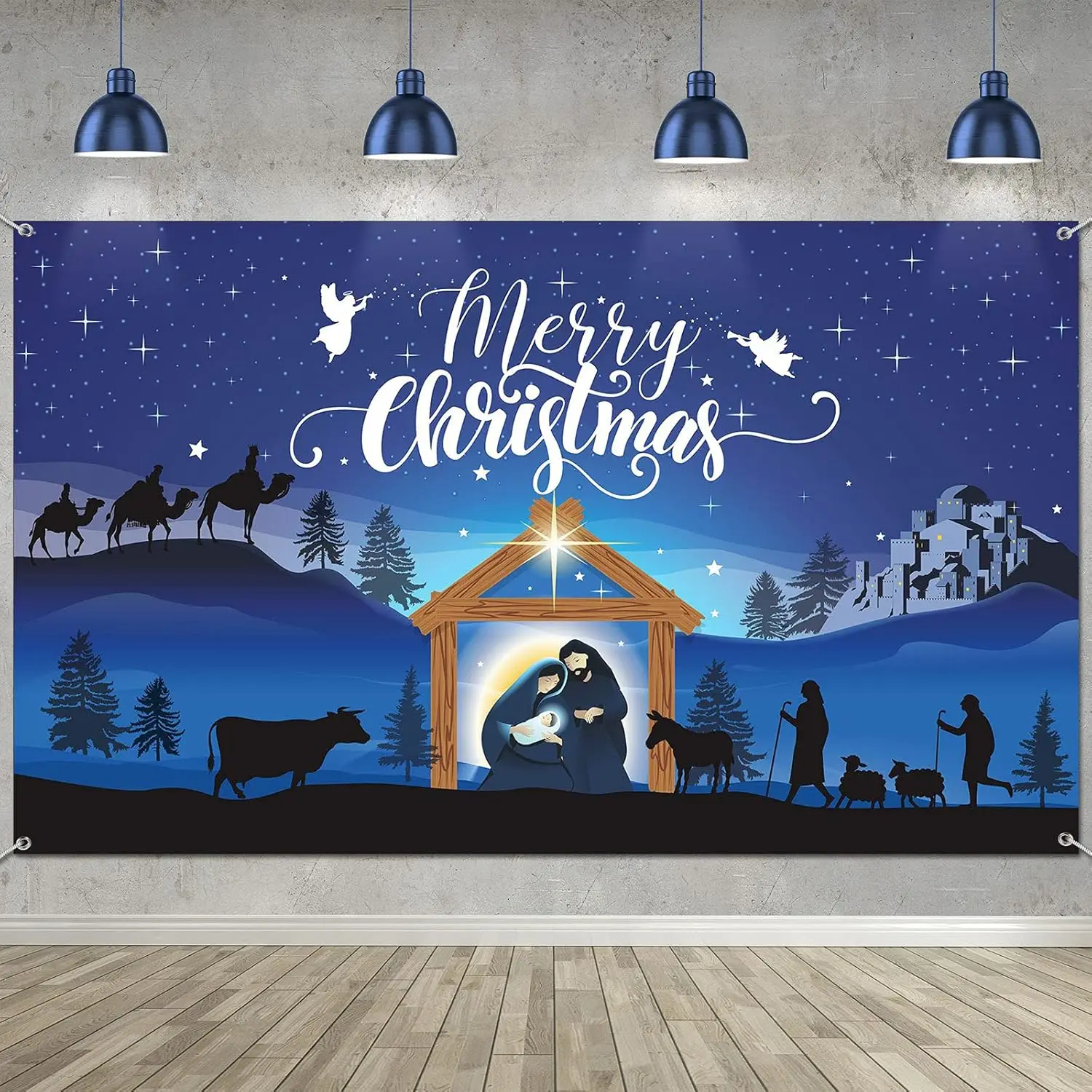 1 Stück Frohe Weihnachten, Krippen-Polyester-Hintergrundstoff – blauer Hintergrund, Weihnachtsfeier-Dekoration und Fotografie