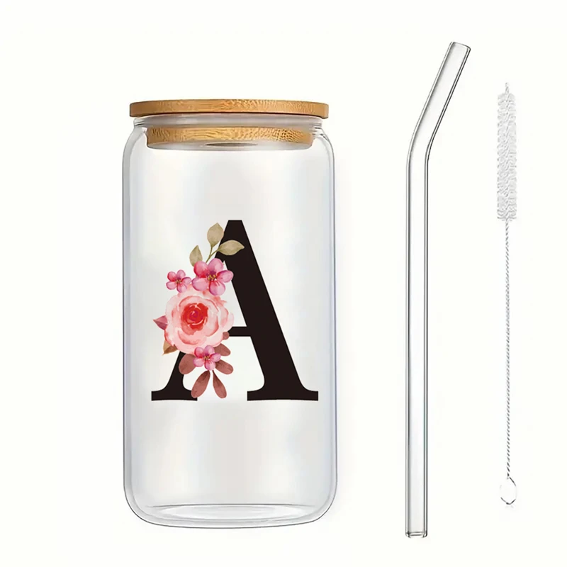 Flores del alfabeto, vaso para beber, letra A-Z, café helado, botella de jugo de agua, taza transparente portátil con tapa, cepillo de paja, regalos de cumpleaños