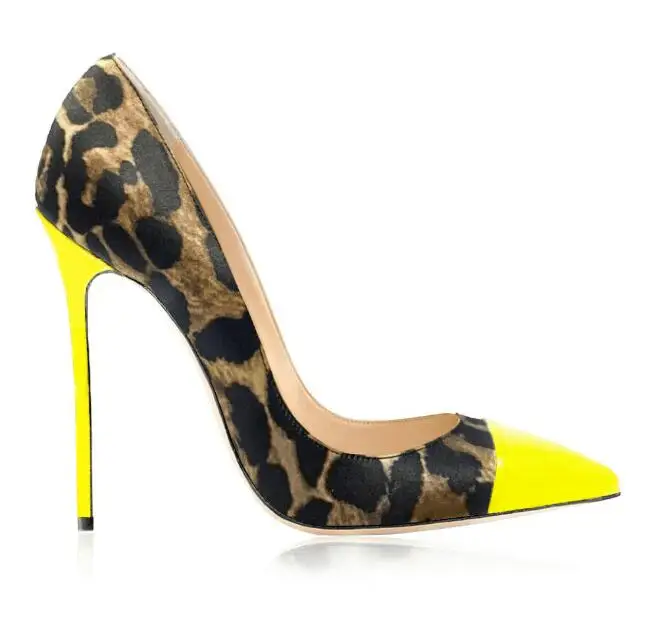 Sexy Neon Fuchsia Yellow Green Patchwork Pointed Toe Pumps Women Shallow Slip On Leopard Mixed Colors High Heel Shoes Lady