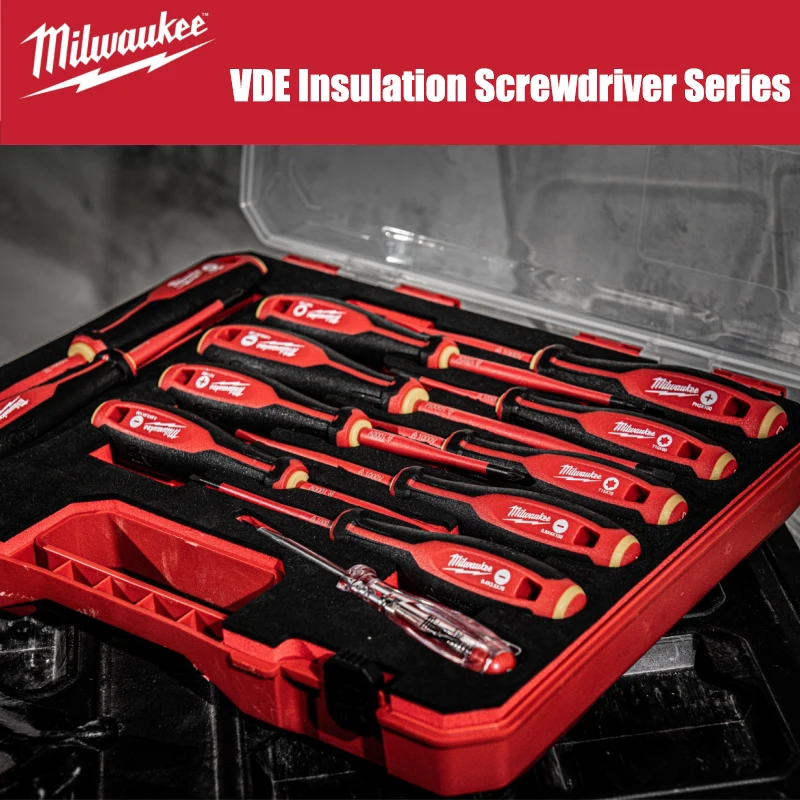 Milwaukee 12 Piece Insulated Screwdriver Set, VDE Electrician Fine Pointed Screwdriver Manual Tool, Maintenance Tool 4932479095