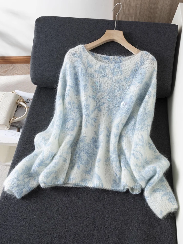 SuyaDream、女性用プリントプルオーバー、羊毛セーター、ビーズ、ラウンドカラー、2025秋冬ファッショナブルなトップス、グリーン、パープル