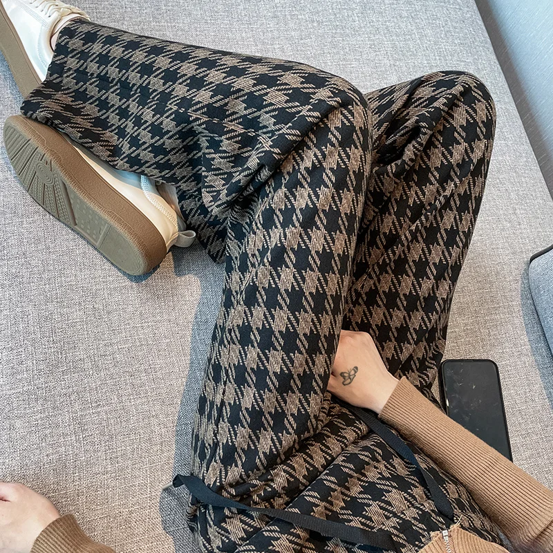 ITOOLIN Women Plaid Tweed High Waist Pants Thicken Velvet Warm Wide Leg Pants Autumn Winter Women Straight Warm Office Trousers