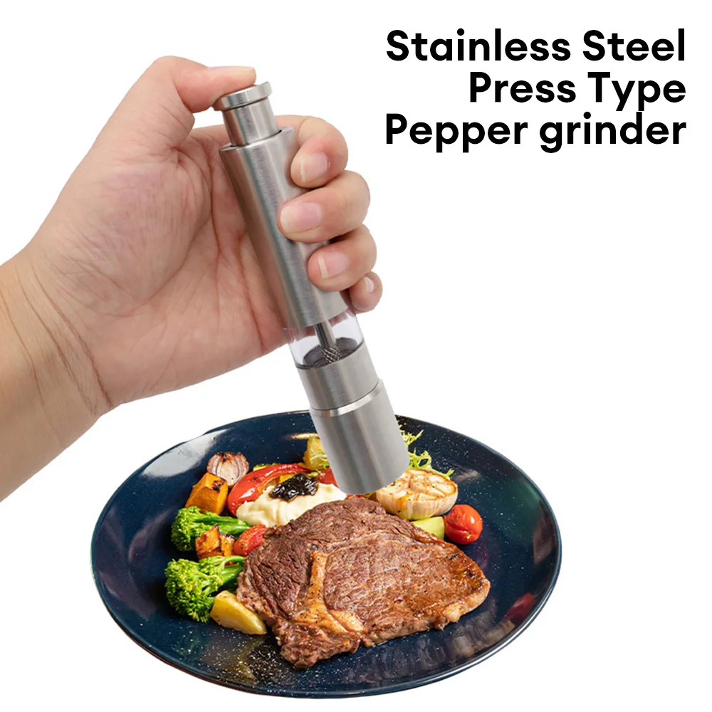 Salt and Pepper Grinder Set Stainless Steel Thumb Push Pepper Mill Professional Manual Pepper Grinder for 1 Hand Operation