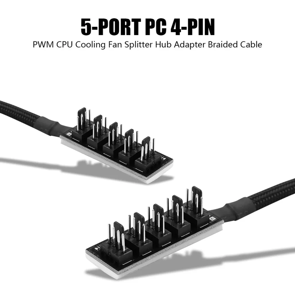 High Speed 5-Port PWM Fan Hub Braided Cable 4-Pin Fan Splitter Hub 1 Female to 5 Male Cooling Fan Splitter Desktop Computer