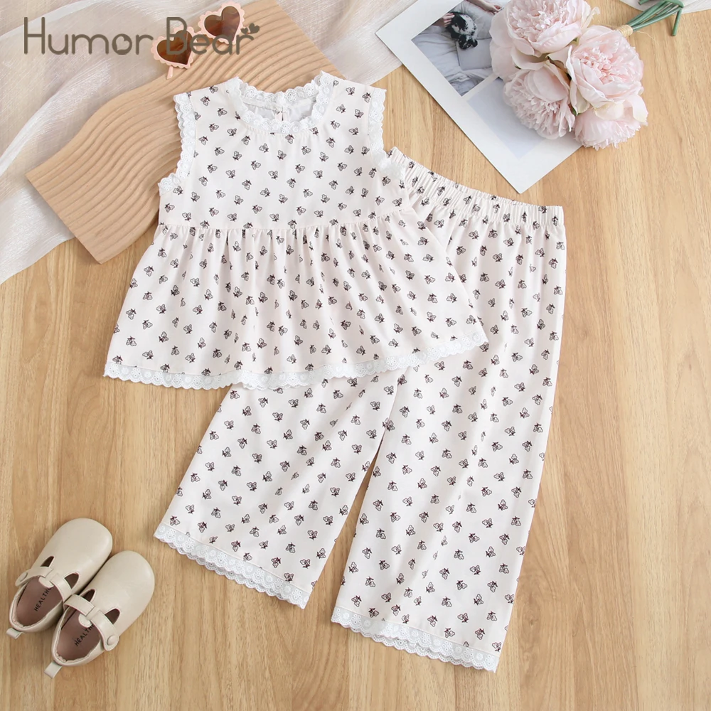 

Humor Bear Summer Girls' Suits Floral Print Lace Sleeveless Vest+Pants 2 Piece Set Cute And Casual Kids' Clothing Sets