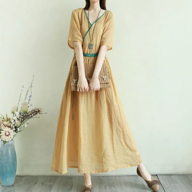 

Summer Retro Women's Long Dress A- Line Cotton Linen Loose Dresses Slim Lace-up V-neck Long Skirt Solid Vintage Robe