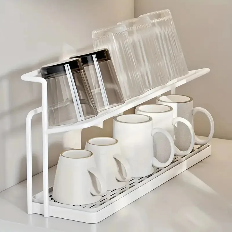 Double-layer Cup Rack with Drain Tray Rack for Kitchen Table Top Glass Cups, Tea Cups, Coffee Cups and Water Cups Organizer Shel