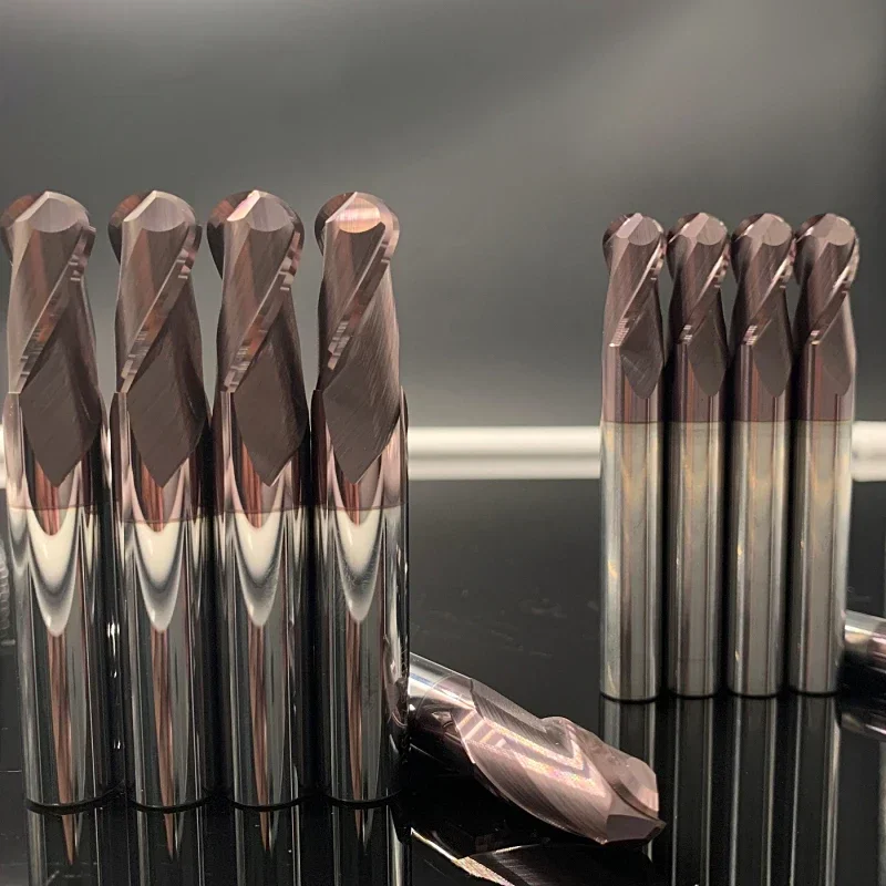 WOY HRC62 2Flute R0.5,R0.75,R1,1.5,2,2.5,3,6,8,10mm panjang bola hidung dilapisi Slot karbida bola ujung hidung penggilingan CNC Router