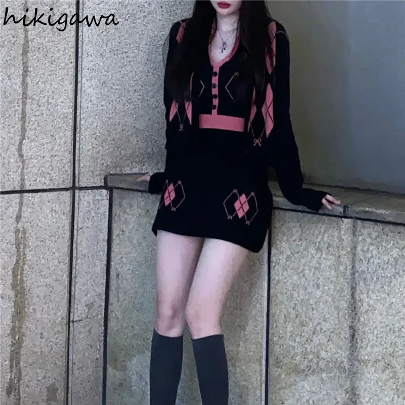 Hikigawa Korean Fashion Knit Suit Loose Cardigan Sling Vest Bodycon Mini Skirt Chic Knitted Y2k 3 Piece Set Women Femme Roupas