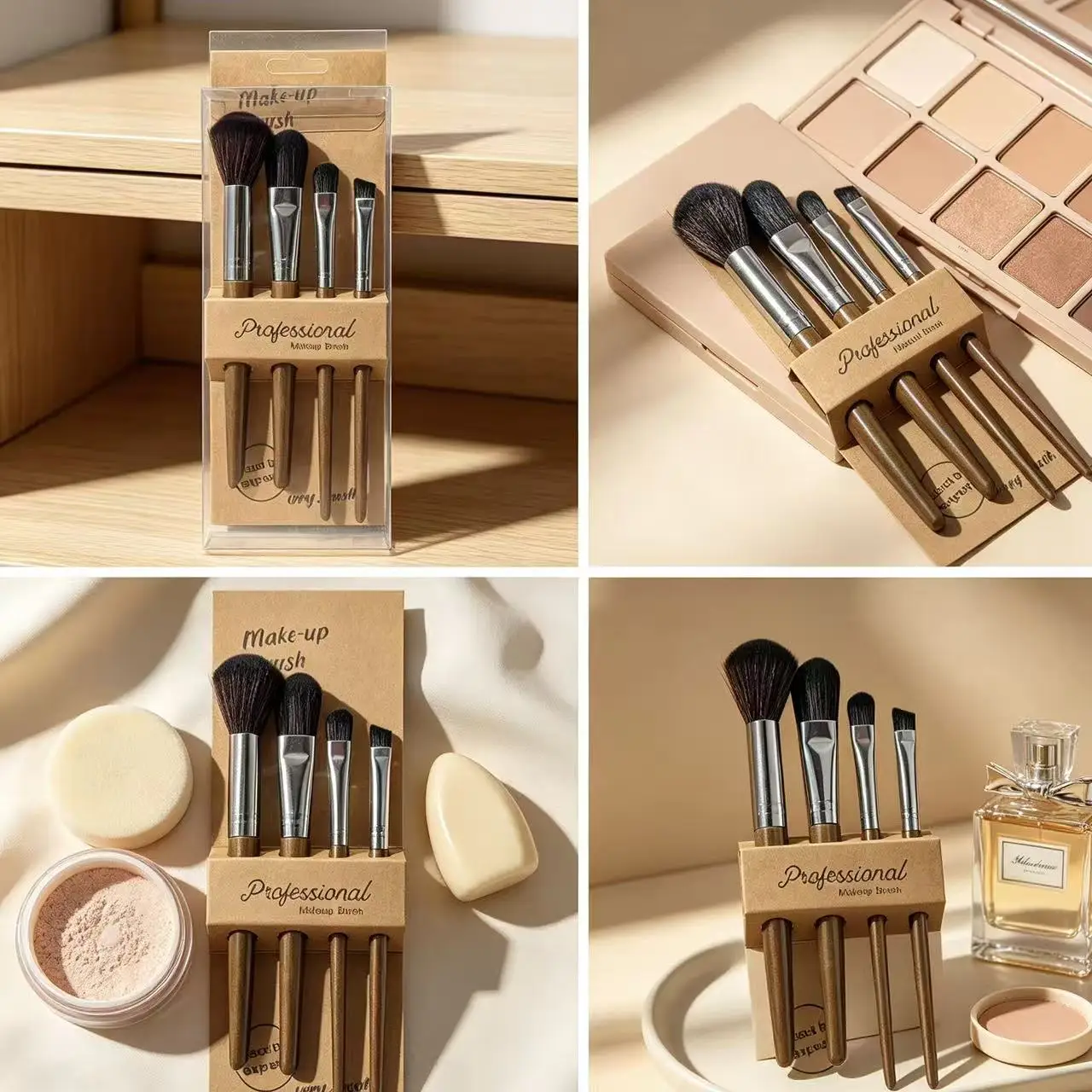 A set of 4 professional makeup brushes, featuring retro wooden handles paired with silver brush barrels.