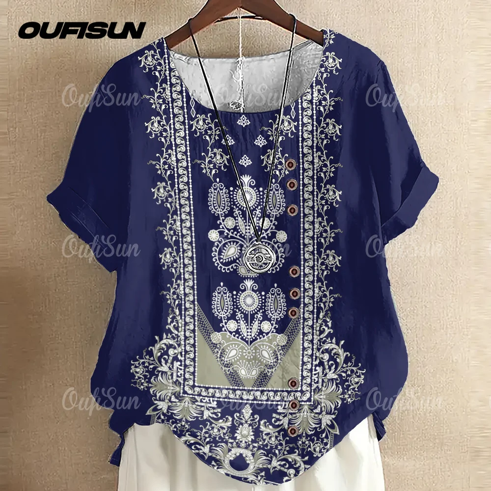 

Women's Cotton Linen Ethnic Patterns Print T-Shirt Summer Breathable Round Neck Loose Short Sleeve Tee Shirt Casual Tops S-3XL