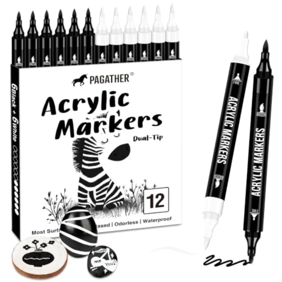 Black and White Acrylic Paint Markers, Dual Tip with Fine Tip and Brush Tip Pens for Fabric, Stone, Wood, Canvas, Ceramic, Meta