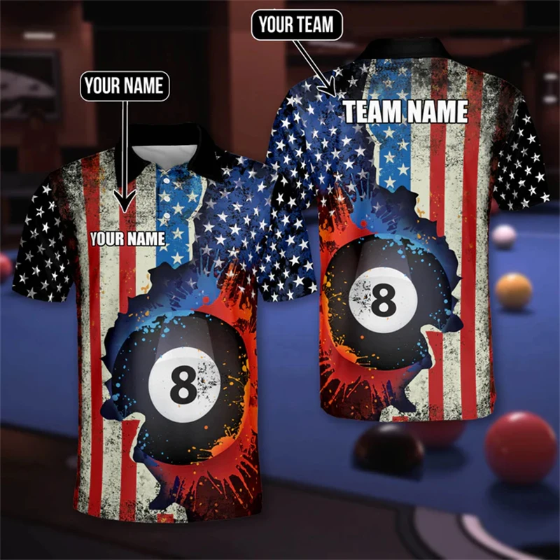 3D Digital Print Men Clothes Summer Billiards Short Sleeve USA Flag Polo Shirt Men Sports Casual Lapel Team Uniform Polo Shirts