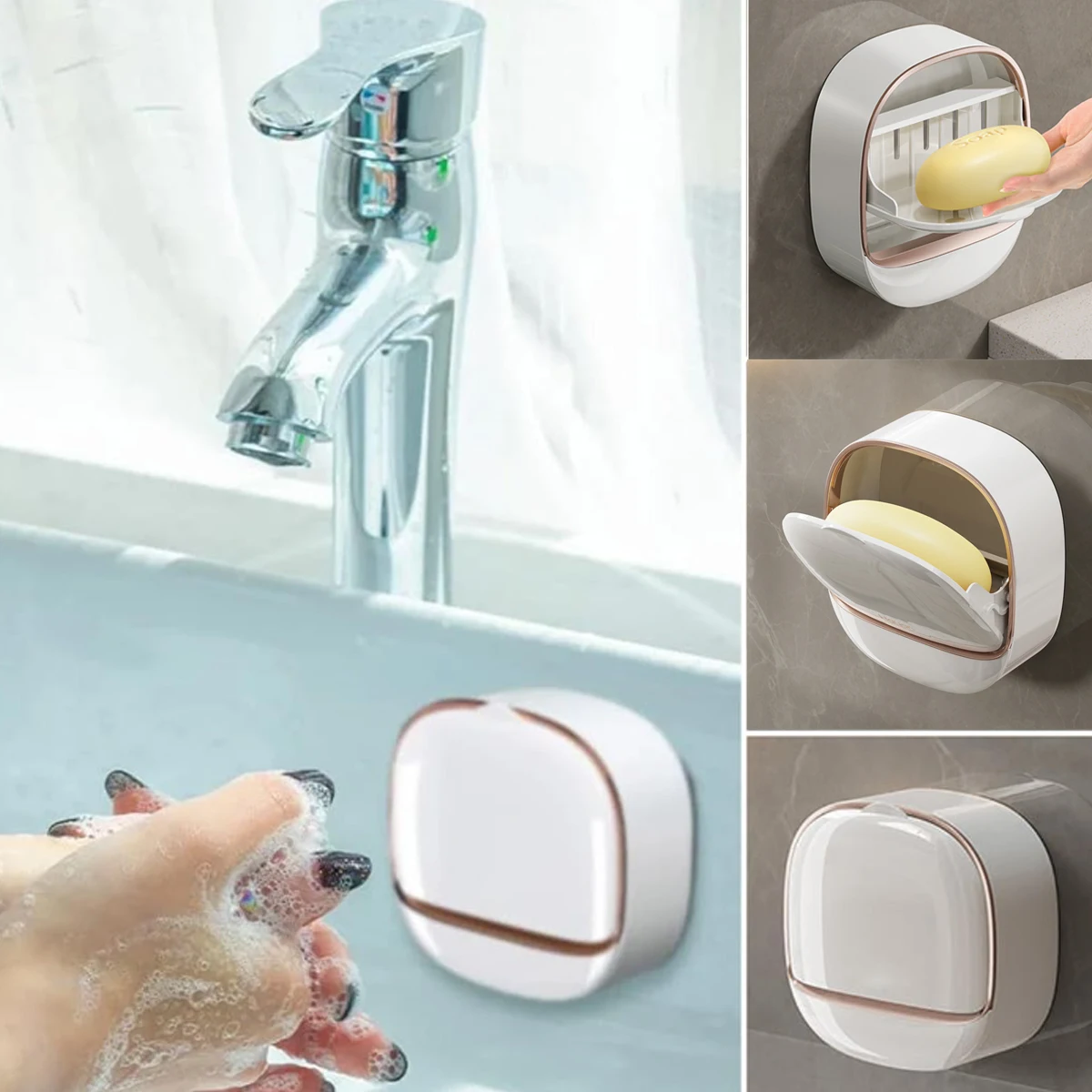 1pc Wall Mounted Soap Rack Soap Holder With Lid No Drilling Drain Soap Dish Storage Rack For Home Bathroom Bathroom Accessories