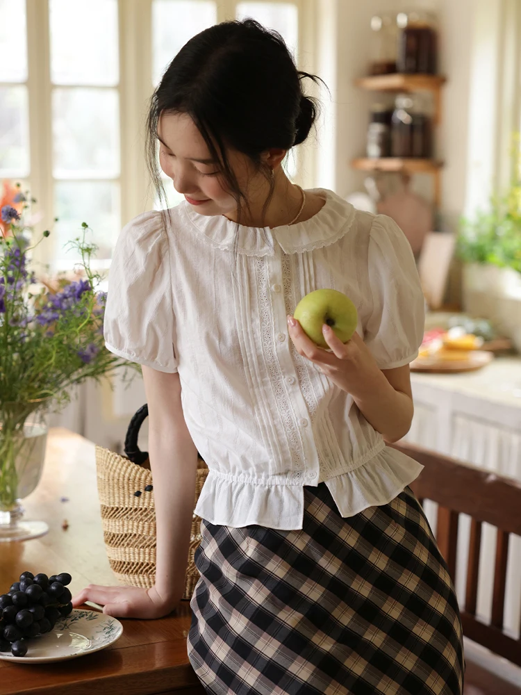 

Original Design Doll Collar Shirt Women Summer Bubble Sleeve Personality Short Sleeve Top Cotton Thin Wide Leg Pants