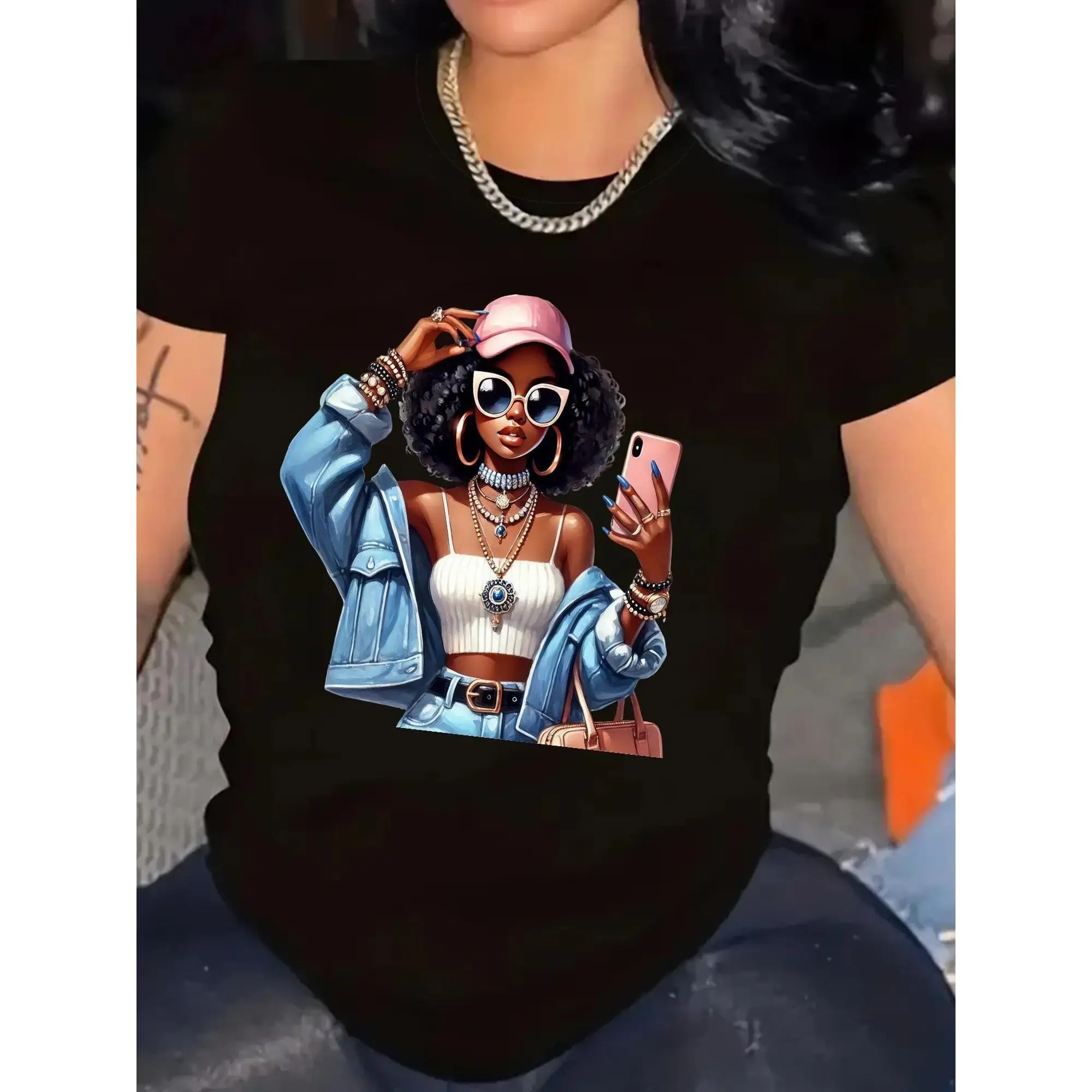 

Women's Bold Afro & Fashion Glasses Graphic Print Short Sleeve T-Shirt - Lightweight Cotton Crew Neck, Medium Elasticity, Spring