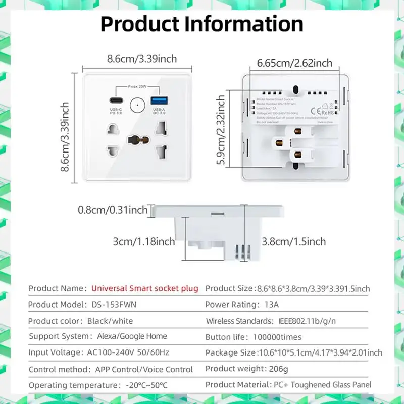 

FIZP Tuya Wifi Smart Socket UK US EU Universal Plug USB 3.0 Type-C Port Outlet Smart Home Tuya App Works With Google Home