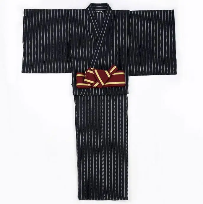 Japanese Men Kimono Vintage Robe Spring Festival Performance Stripe Include Belt Long Tradition