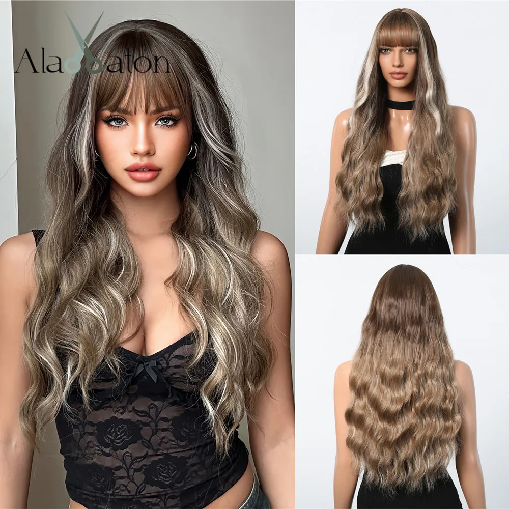 ALAN EATON Ombre Brown Long Wavy Hair Wigs Highlight Synthetic Wig with Bangs for Women Girl Daily Soft Wig Heat Resistant Fiber