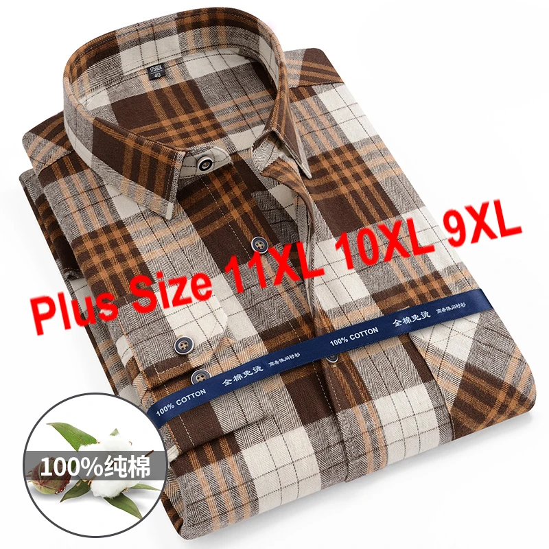 Size 11XL 10XL 9XL Fashion Flannel Plaid Shirts For Men‘s Long Sleeve Cotton Casual Blouse Soft Standard-Fit Shirt Male Clothing