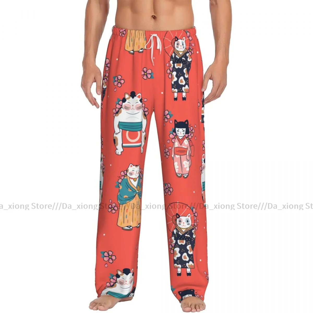 Men's Sleepwear Loose Sleep Pants Pajamas Funny Cats Dressed In Japanese With Sakura Flowers Long Lounge Bottoms Casual Homewear