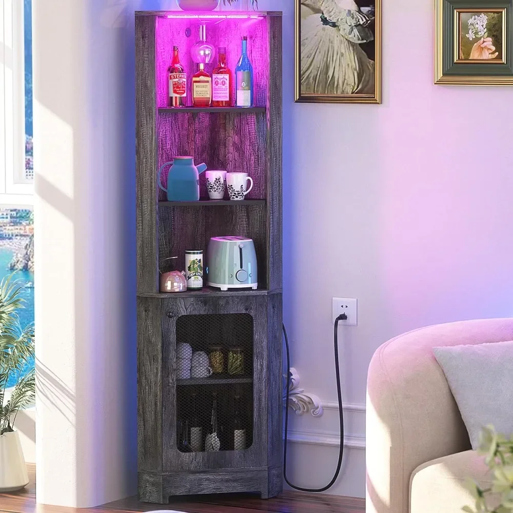 

Corner Bar Cabinet with LED Light and Power Outlet, Industrial Wine Cabinet with Glass Holder, 5-Tier Tall Corner Cabinet