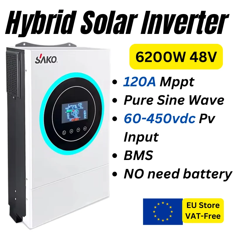 Hybrid Solar Inverter 6.2KW, Built-in 120A MPPT, BMS, Pure Sine Wave, 60-450VDC PV Input, Works Without Battery, On & Off-Grid