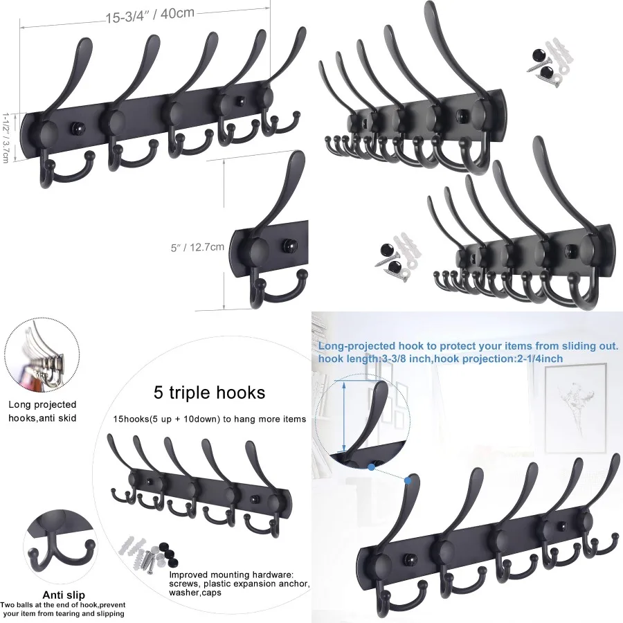 

Настенная вешалка для одежды с 5-мя тройными крючками для эффективно подвешивания курток, одежды и головных уборов в прихожей, прихожей или спален, прочная