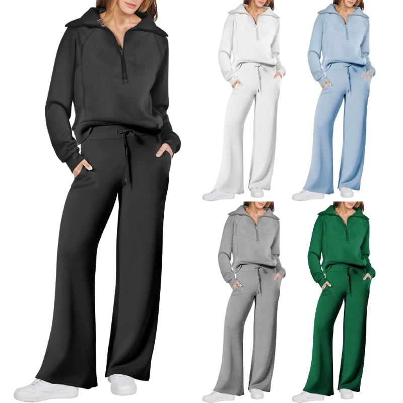 Autumn Womens Sweatsuit Long Sleeve Outfit Set Casual Pullover and Wide Leg Pants Tracksuits Set Sleepwear Loungewear Casual