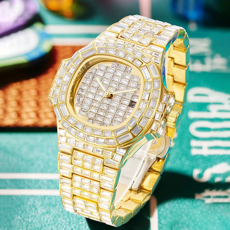 

New Luxury Men's Stainless Steel Watches Full Diamond Design Male Sports Quartz Wristwatch Calendar Luminous Casual Watch Clock