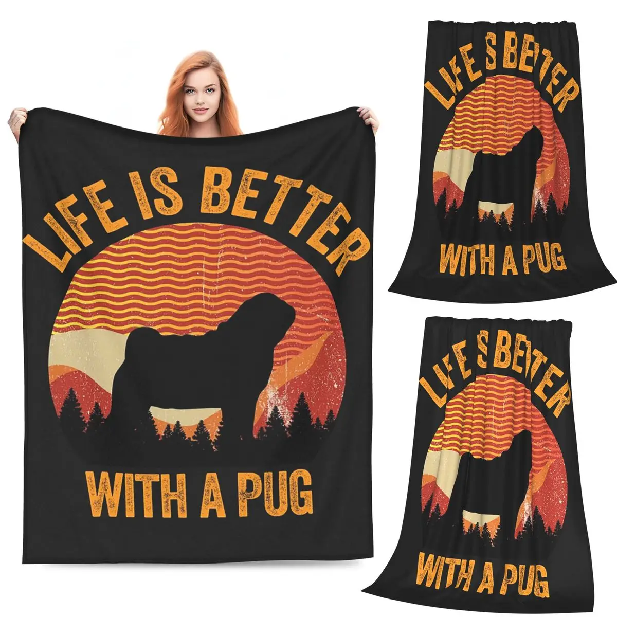 

Life Is Better With Dogs Pug Dog Blanket Soft Warm Flannel Throw Blanket Cover for Bed Living room Picnic Travel Home Sofa