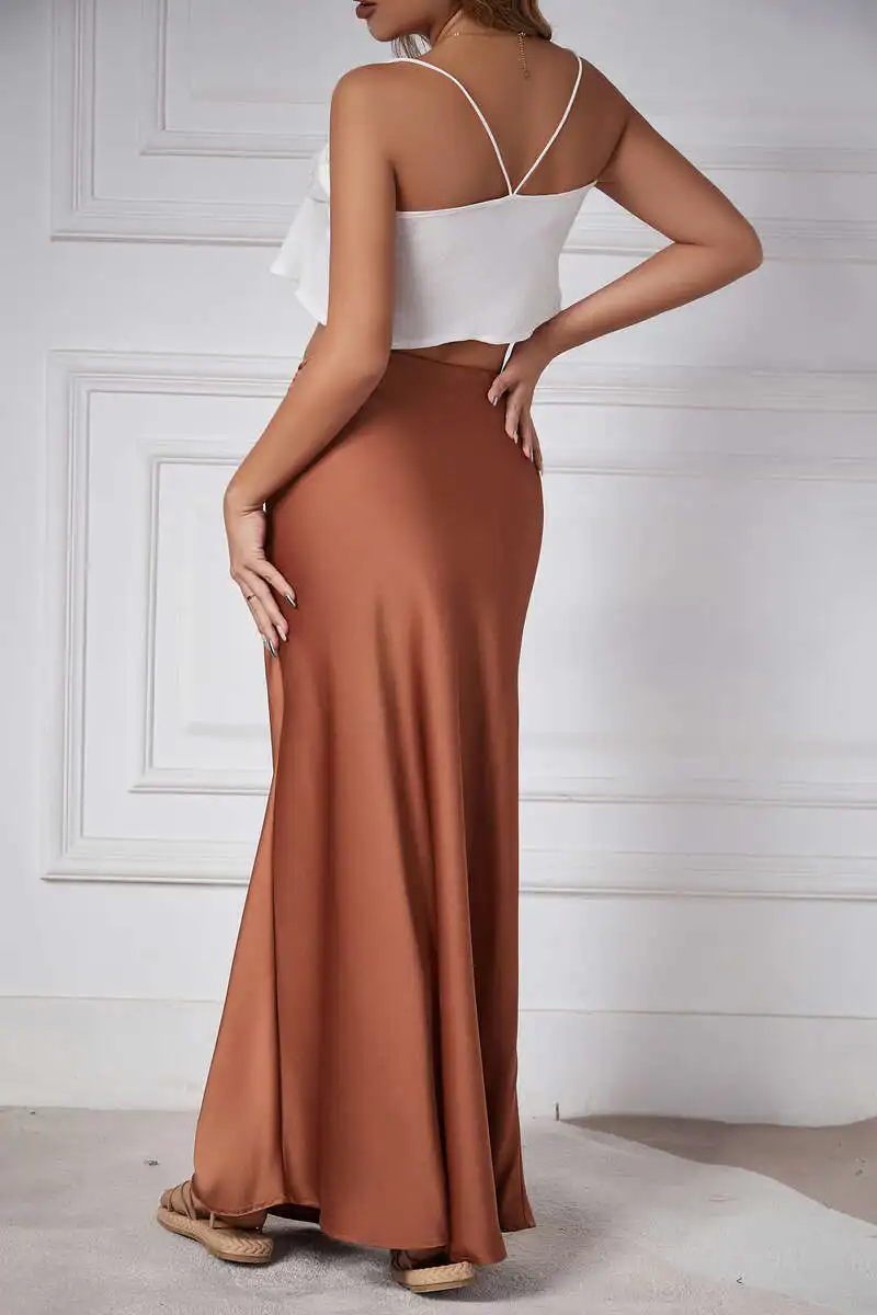 New In 2026 Spring Summer Solid Color Satin Long Skirt For Women High Waist Lace-Up Fashion Elegant Faldas