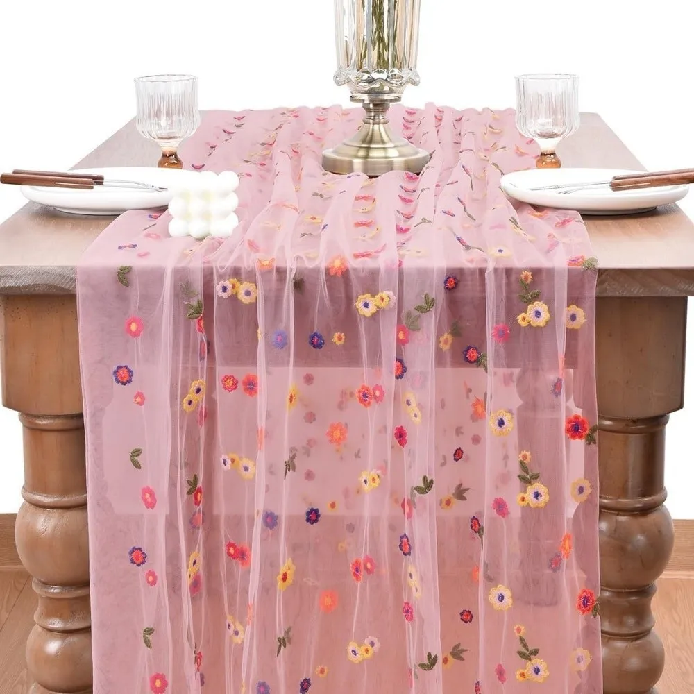 

Vintage Embroidery Daisy Table Runner Semi-Transparent Elegant Tulle Table Runner Boho Long Colorful Table Cover Party