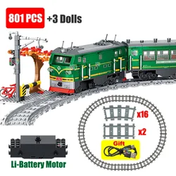 Technical Retro Green Steam Train City Car Electric Model Rechargeable Lithium Battery Motor Building Blocks Toys For Gifts