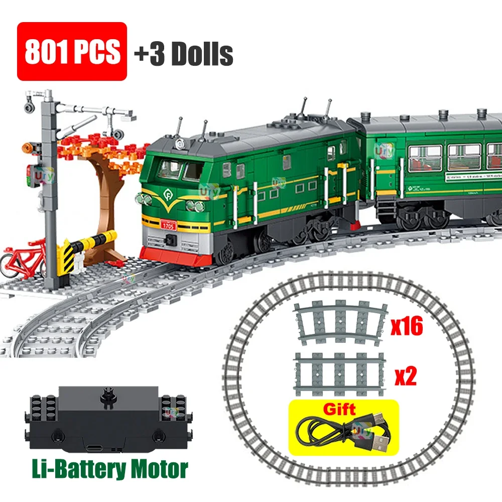 Technical Retro Green Steam Train City Car Electric Model Rechargeable Lithium Battery Motor Building Blocks Toys For Boy Gifts