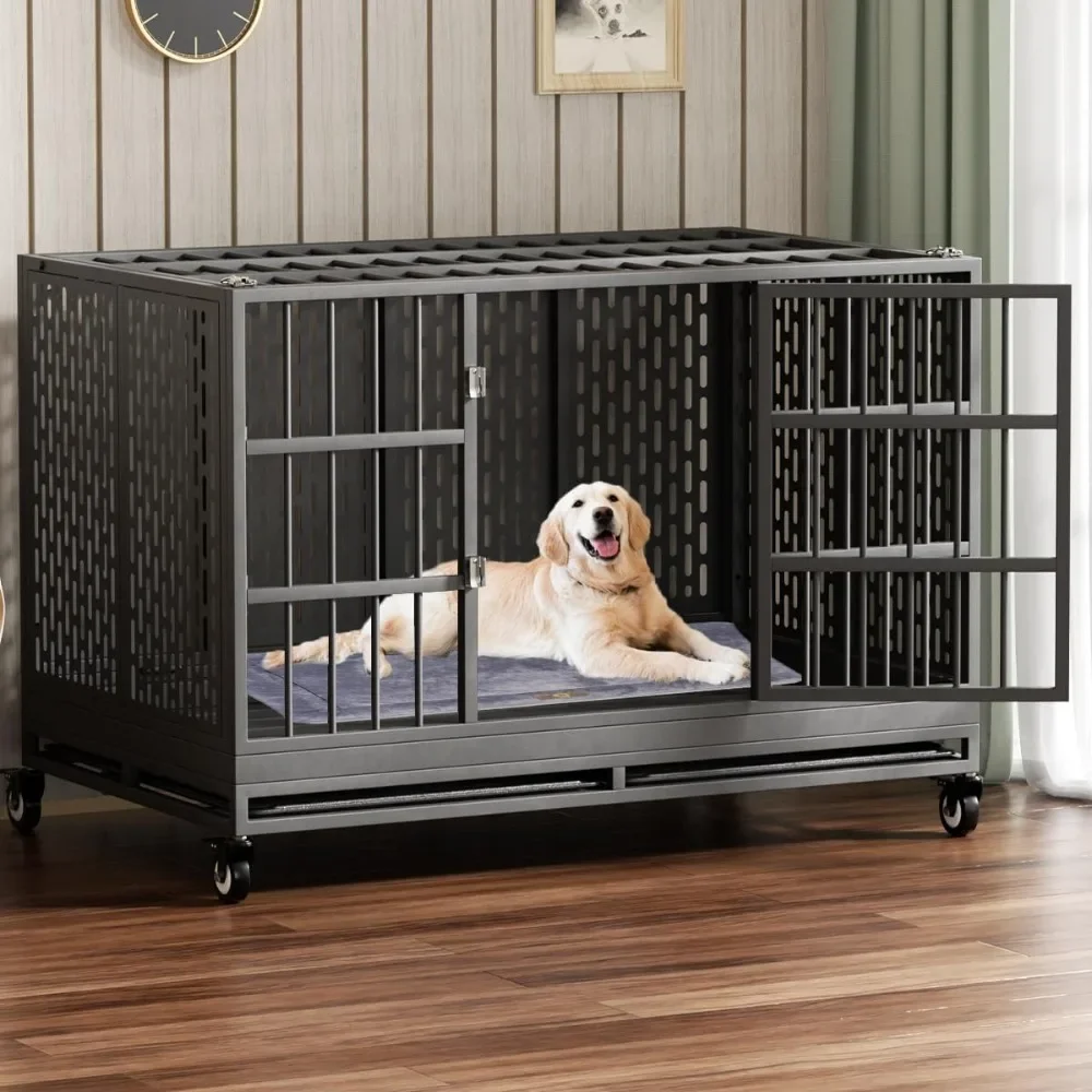 42/38 Inch Heavy Duty Dog Crate with Wheels, Folding Metal Big Dog Cage for Large and Medium Dogs, Indestructible Dog Crate