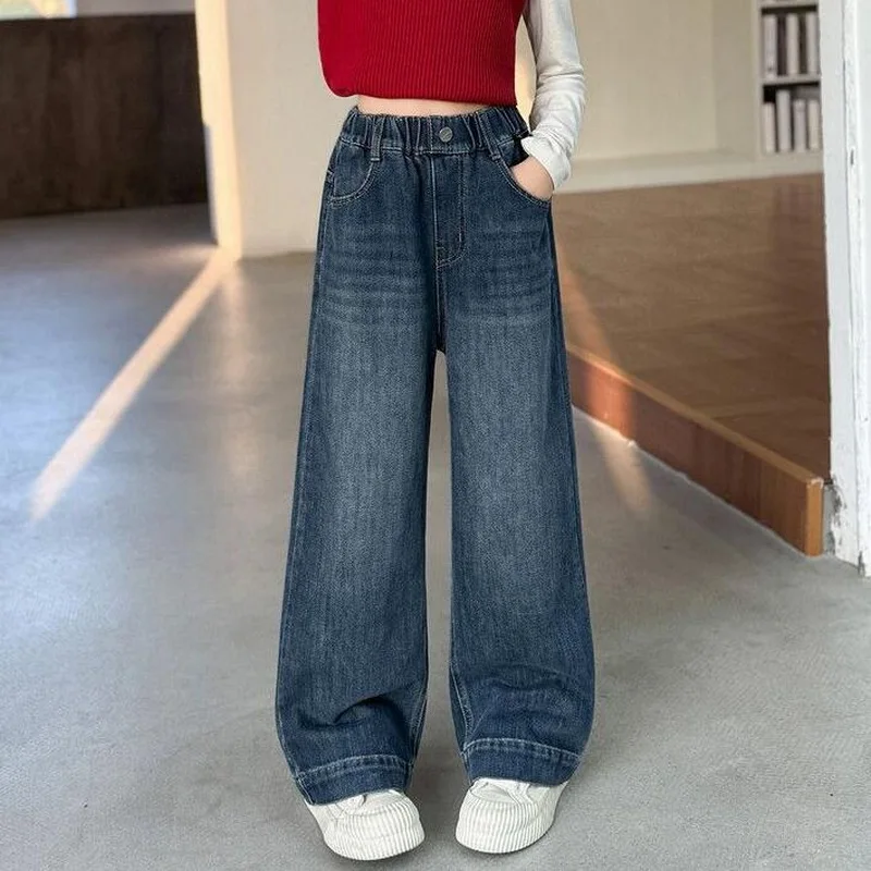 Girls Wide Leg Jeans 2025 Spring Autumn Fashion Children\'s Casual Denim Pants Kids Retro Design Straight Leg Baggy Trousers