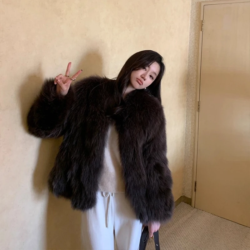 YOLANFAIRY natural 100% fur coats for woman winter warmth V-neck elegance soft long sleeve commuting real fur jacket female 2025