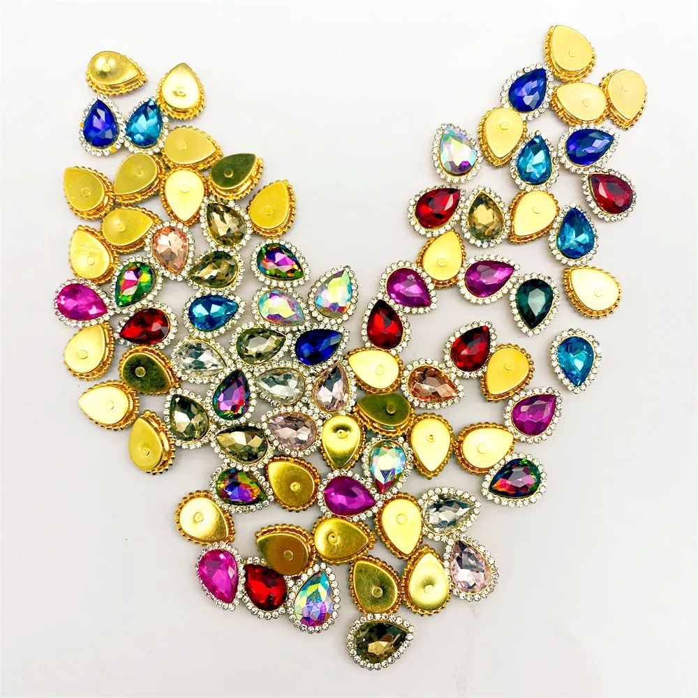 500pcs per bag Wholesale tear drop design gold Base Rhinestones Sew On Rhinestones with mixed colors