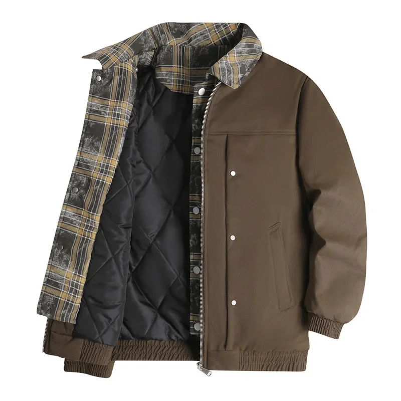 الشتاء الرجال سترة جديدة منقوشة المرقعة رفض طوق معطف الذكور رشاقته الدافئة طويلة الأكمام فضفاضة رجل وهمية قطعتين ملابس خارجية #3