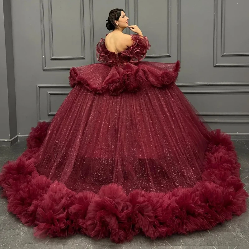 Red Quinceanera Dresses Off The Shoulder Sweet 16 Years Old Party Princess Appliques Lace Beads Crystal Tull Tiered Birthday Par